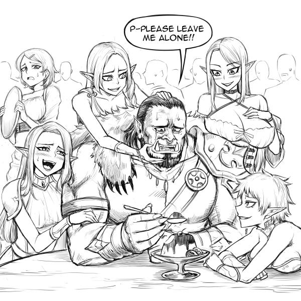 Drunk Elves harassing an Orc in a Tavern (Redrawn)